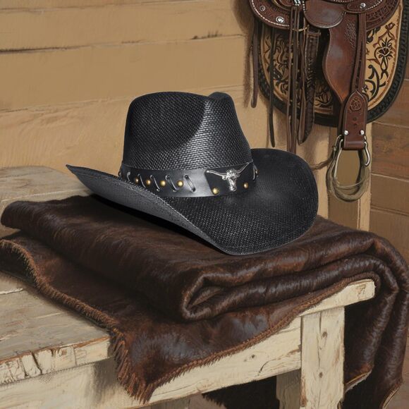 4239 Black Straw Cowboy Hat Western With Decorative Bands, Size Fits 22.04 main image 6